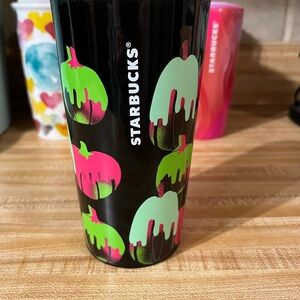 Starbucks Black Tumbler with Neon Pumpkins